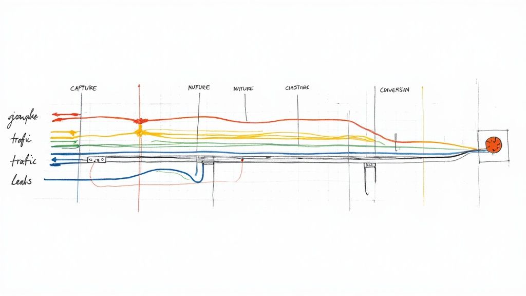 A flowchart showing the stages of lead management from capture to conversion
