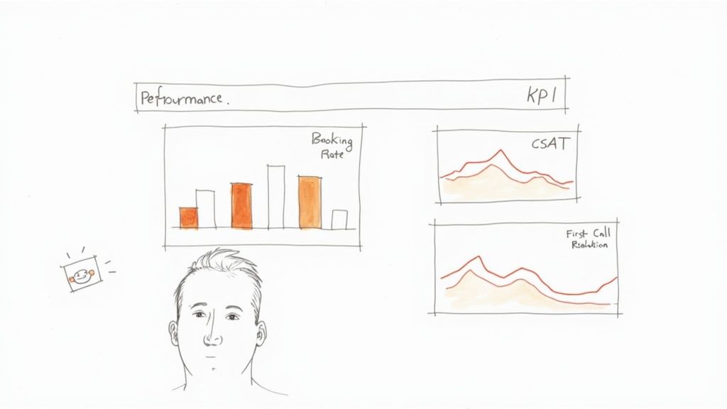 Person reviewing performance KPI dashboard with backing rate charts and customer satisfaction metrics