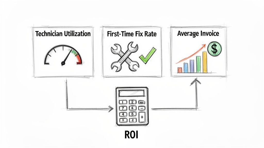 Visualizing key business metrics: technician utilization, first-time fix rate, and average invoice, leading to ROI.