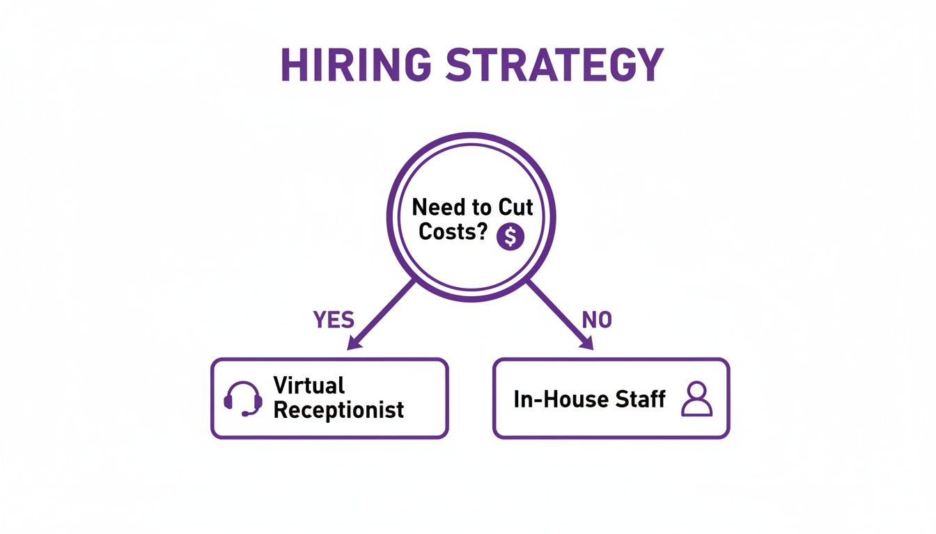 A hiring strategy flowchart showing choices between virtual receptionist and in-house staff based on cost-cutting needs.