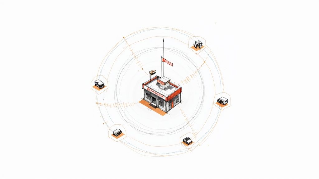 A person using a smartphone with a map showing targeted ads for a nearby auto repair shop.