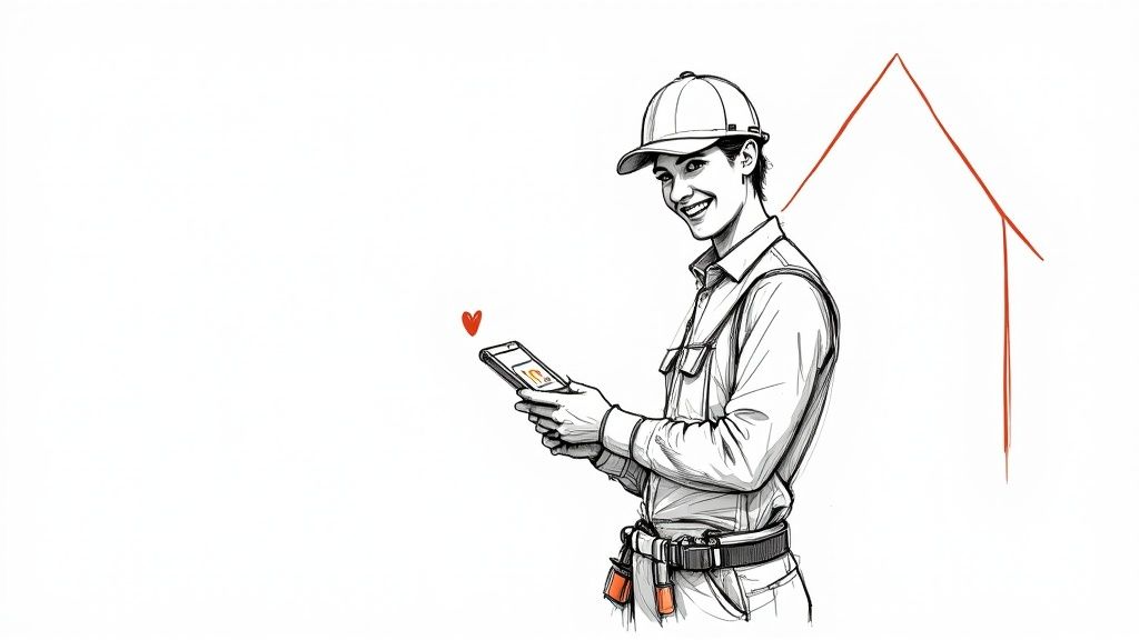 A friendly home service technician smiling and holding a tablet.