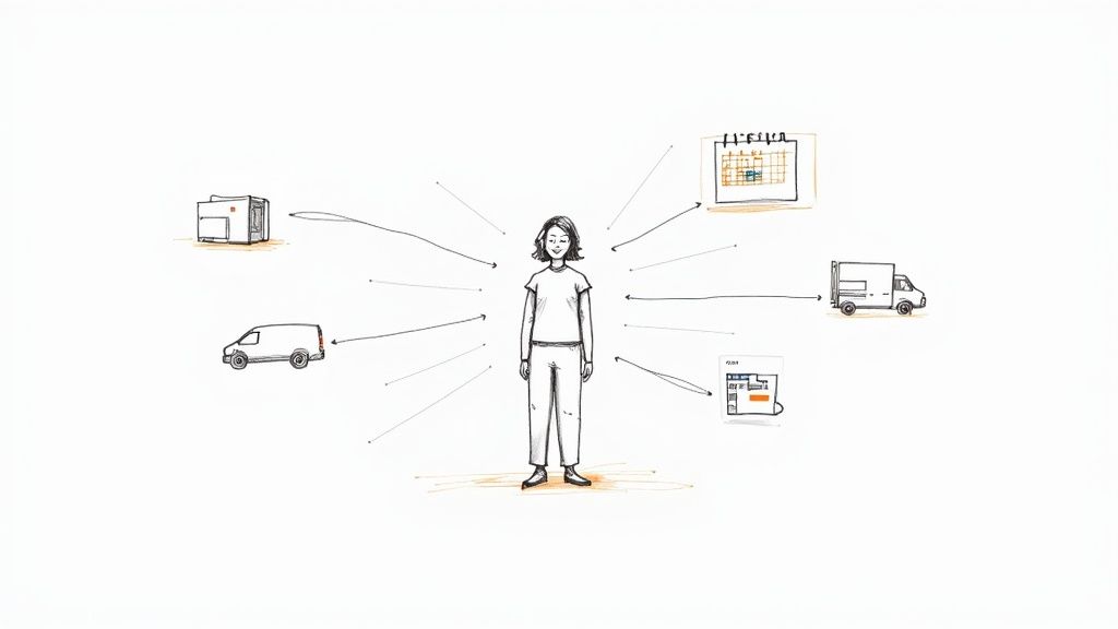 Woman standing centrally connected to various business operations including vehicles, schedules, and delivery trucks