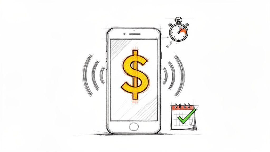 Hand-drawn smartphone with dollar sign, radiating waves, stopwatch, and calendar checkmark.