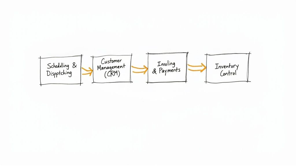 Flow chart showing contractor software workflow from scheduling to customer management to invoicing to inventory control