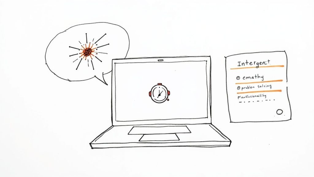 Hand-drawn sketch illustrating problem-solving and soft skills with a laptop, thought bubble, and a checklist.