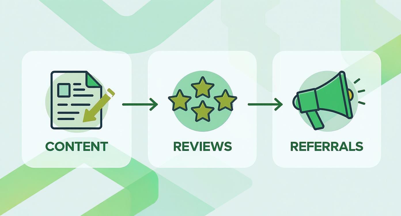Flowchart illustrating how content generates customer reviews, leading to valuable referrals for business growth.