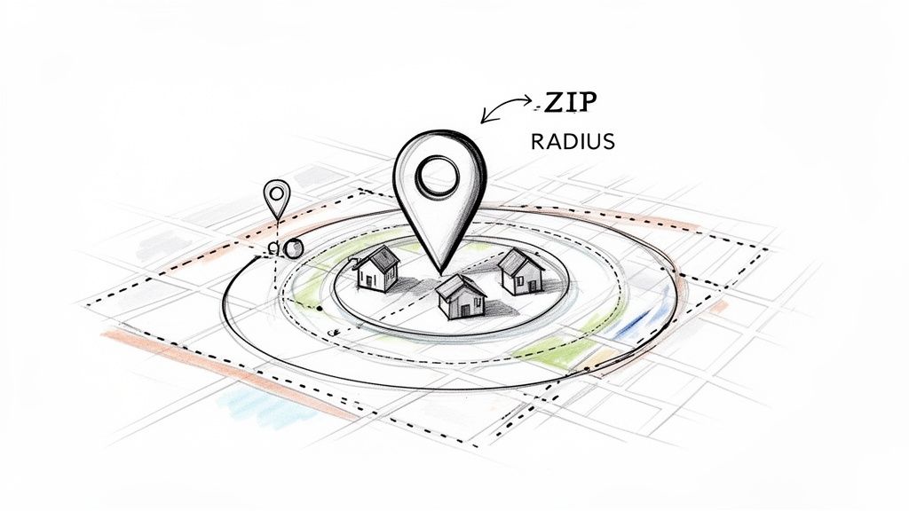 Map with a central location pin, houses, and concentric circles illustrating a ZIP radius for targeting.