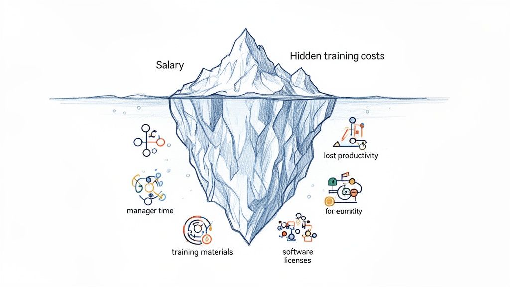 Iceberg diagram illustrating employee costs, showing salary above water and various hidden training costs below the surface.