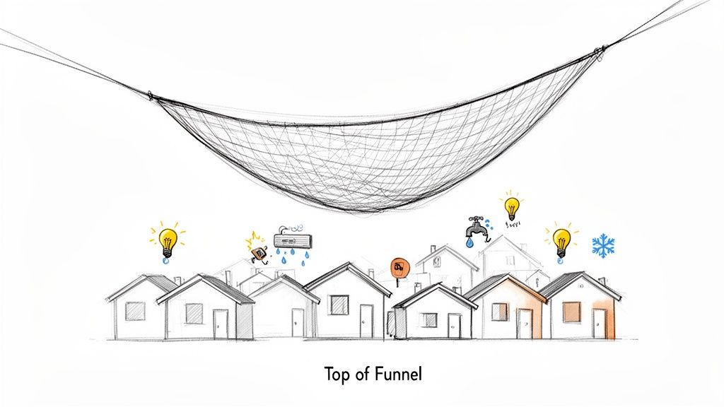 An illustration of a large net funnel over houses with icons representing various services.