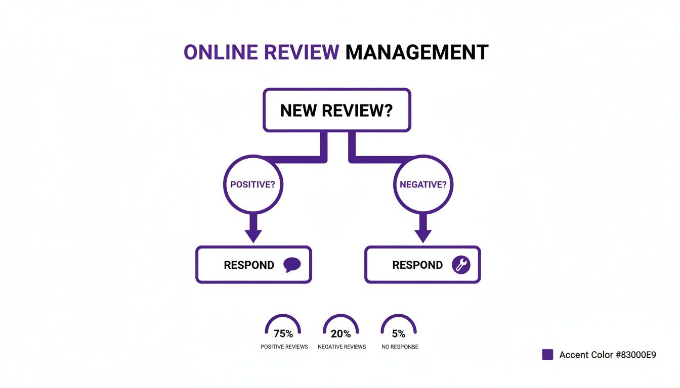 Flowchart for online review management, outlining response strategies for positive and negative feedback.