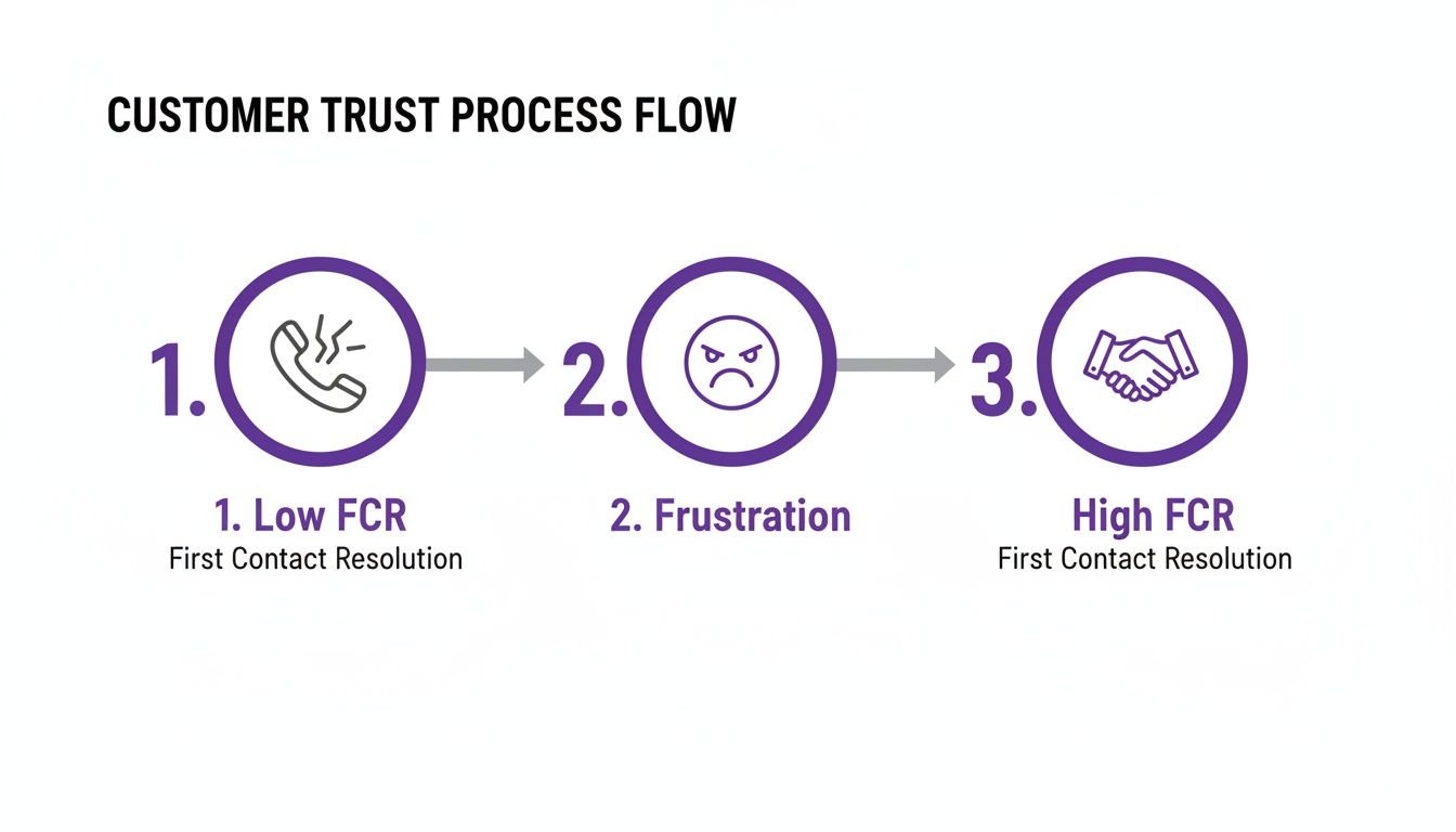 Customer trust process flow illustrating how low First Contact Resolution causes frustration, while high FCR builds trust.