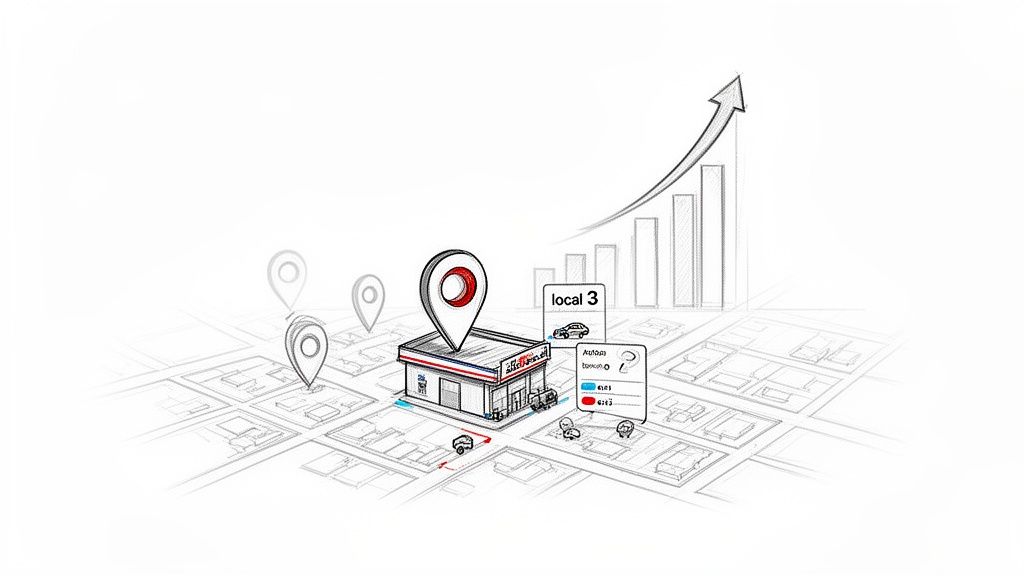 Sketch illustration of an auto repair shop on a map with location pins, showing local presence and business growth.