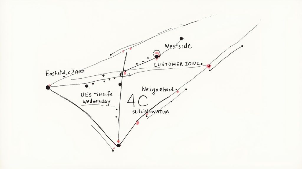 A digital map on a screen showing color-coded customer pins, illustrating sales territories.