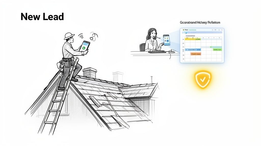 A roofer on a ladder receives a new lead on his phone, while a virtual receptionist schedules it.