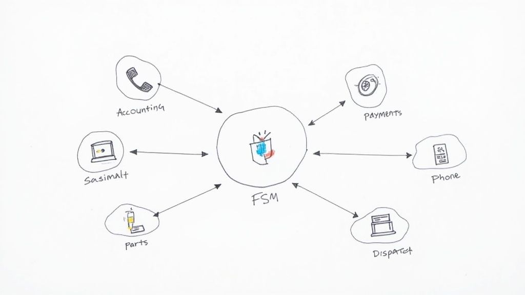 Hand-drawn diagram illustrating Field Service Management (FSM) software integrating with various business functions.
