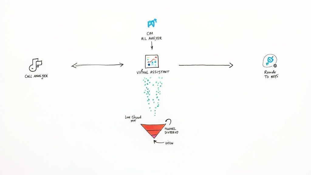 A person using a laptop with icons representing automation and lead management floating around it.