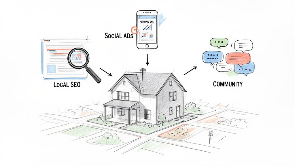 An illustration demonstrating how Local SEO and Social Ads lead to a house, fostering community engagement.
