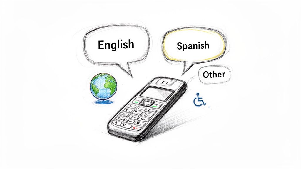 Sketch of a mobile phone with language options English, Spanish, Other, a globe, and an accessibility symbol.