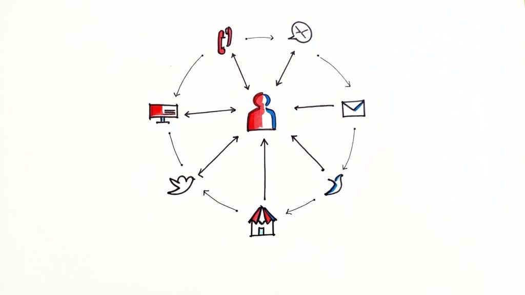 A diagram showing a central person connected to various customer service and communication channels.