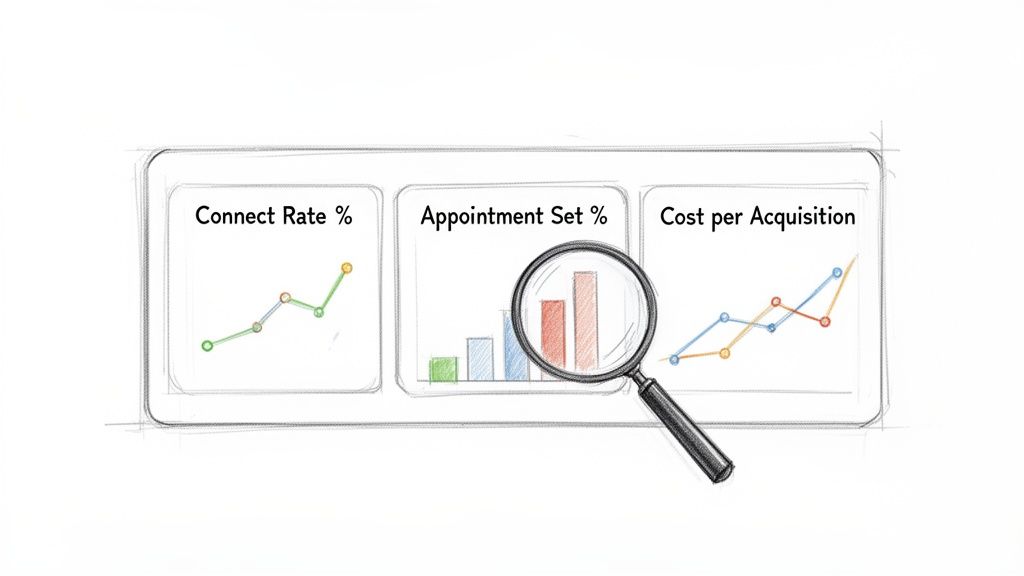 A sketch illustrating a dashboard with three sales performance charts: Connect Rate, Appointment Set, and Cost per Acquisition, with a magnifying glass.