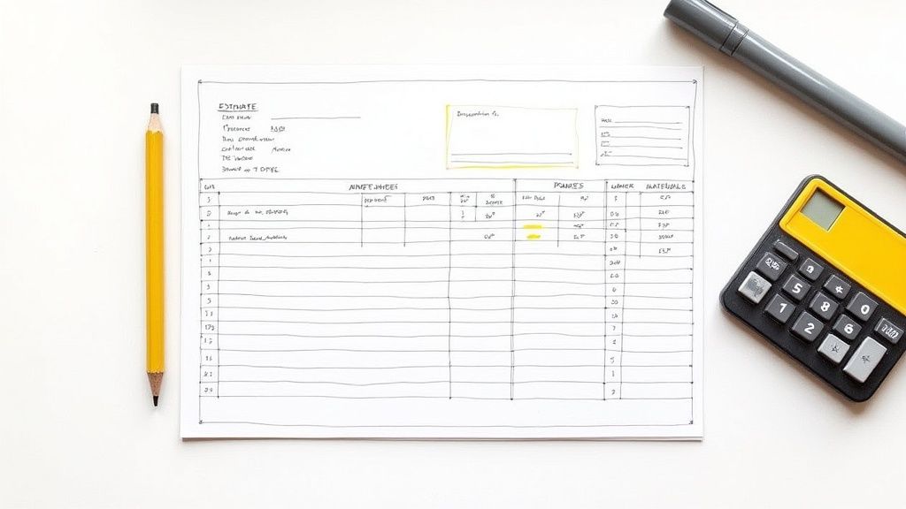 A flat lay shows a hand-drawn construction estimate sheet, a yellow pencil, and a calculator on a white surface.