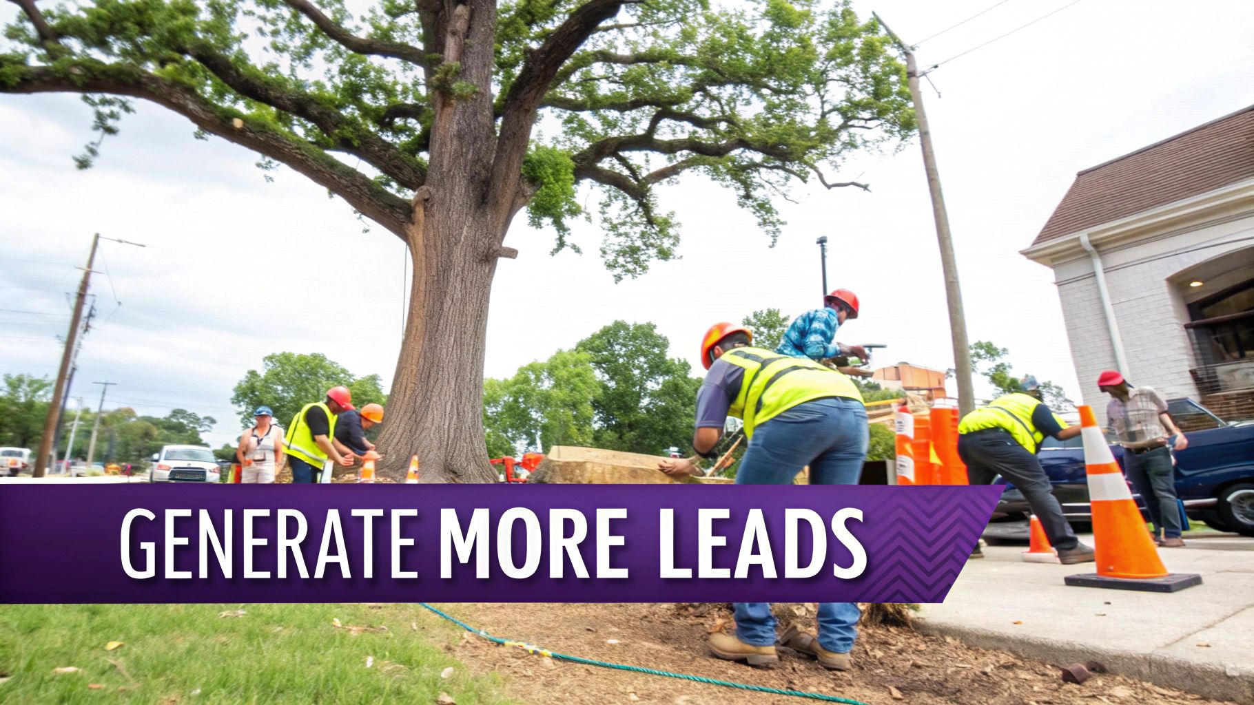 An arborist using paid ads on a tablet to schedule tree service leads