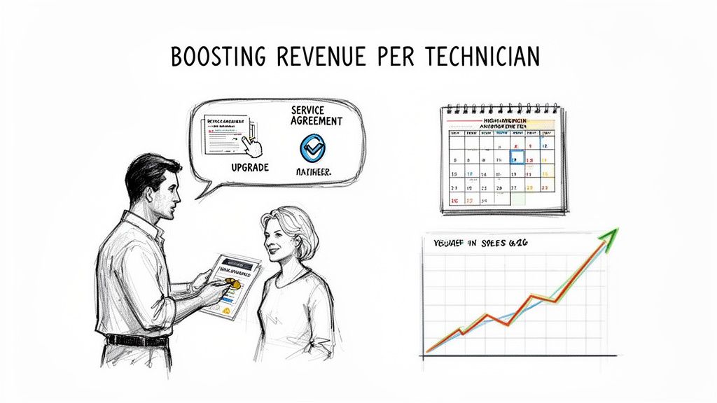 Whiteboard-style illustration about boosting technician revenue with service agreements and increasing sales.