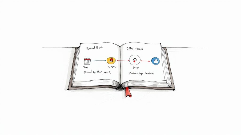 A hand-drawn diagram in an open book illustrating a business process flow from brand to CRM access.