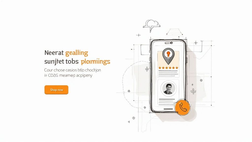 A mobile phone app displaying a location pin, five-star rating, user profile, and a prominent call icon, beside a 'Shop now' button.