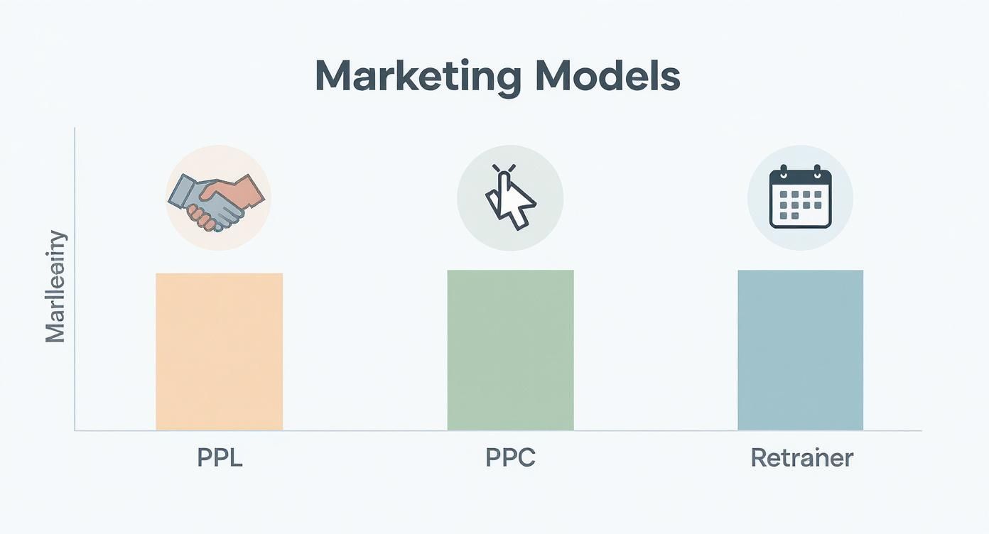 Infographic comparing marketing models like Pay Per Lead, Pay Per Click, and Retainers with visual icons.