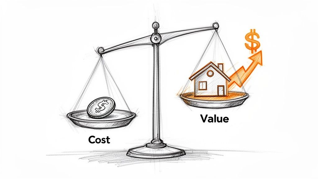 A balance scale illustrating cost (dollar coin) versus increasing value (house and upward dollar arrow).