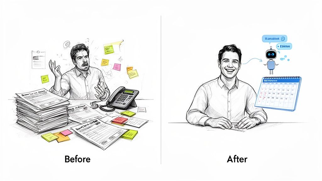 Before and after: A man stressed by paperwork vs. a man smiling with an AI assistant and calendar.