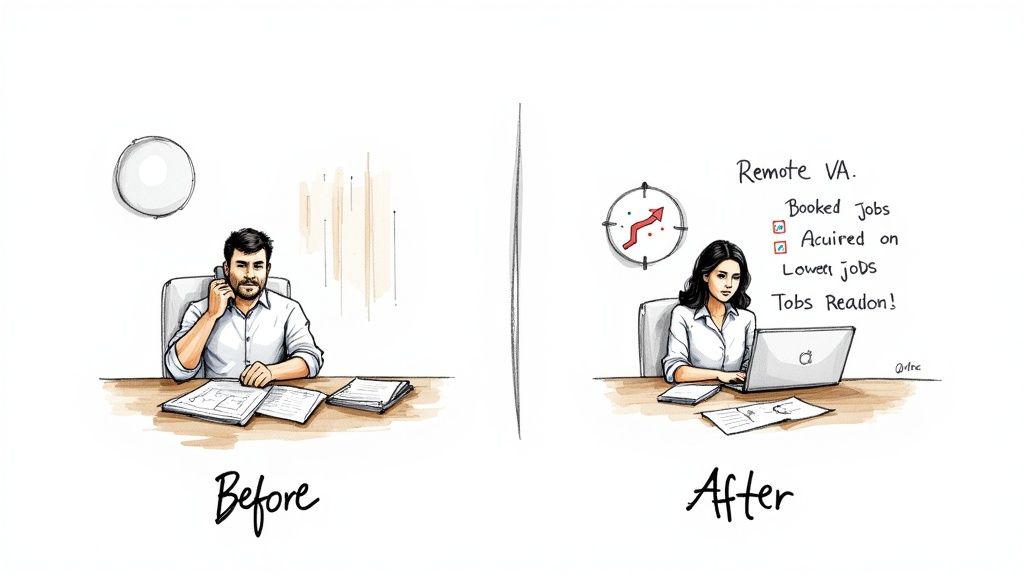 Before, a man is busy on the phone with papers, after, a virtual assistant efficiently works on a laptop.