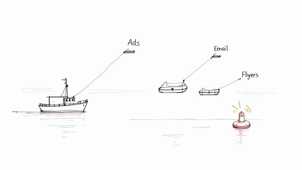 Illustration of a large fishing boat pulling small boats labeled Ads, Email, and Flyers towards a buoy.