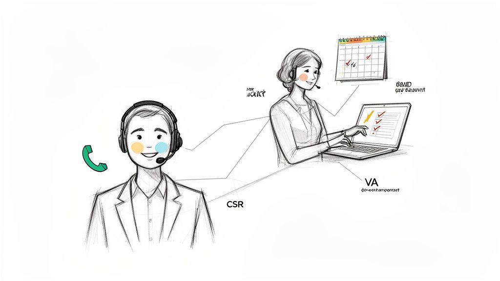 A sketch shows a customer service representative on a call and a virtual assistant working remotely.