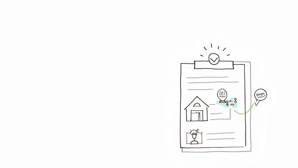 A whiteboard sketch of a clipboard with a house, 24/7 service icon, and idea lightbulb, illustrating a contractor's plan.