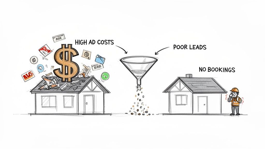 Cartoon showing high ad costs and poor leads entering a funnel, resulting in no bookings.
