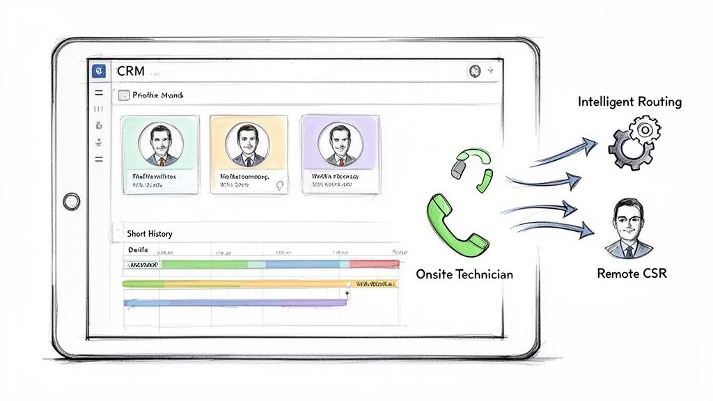 A tablet displays a CRM interface, illustrating intelligent routing of customer calls to onsite technicians or remote CSRs.