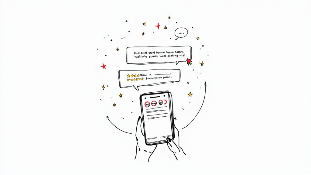 A sketch of hands holding a smartphone displaying customer reviews and star ratings, surrounded by a circular flow of feedback.