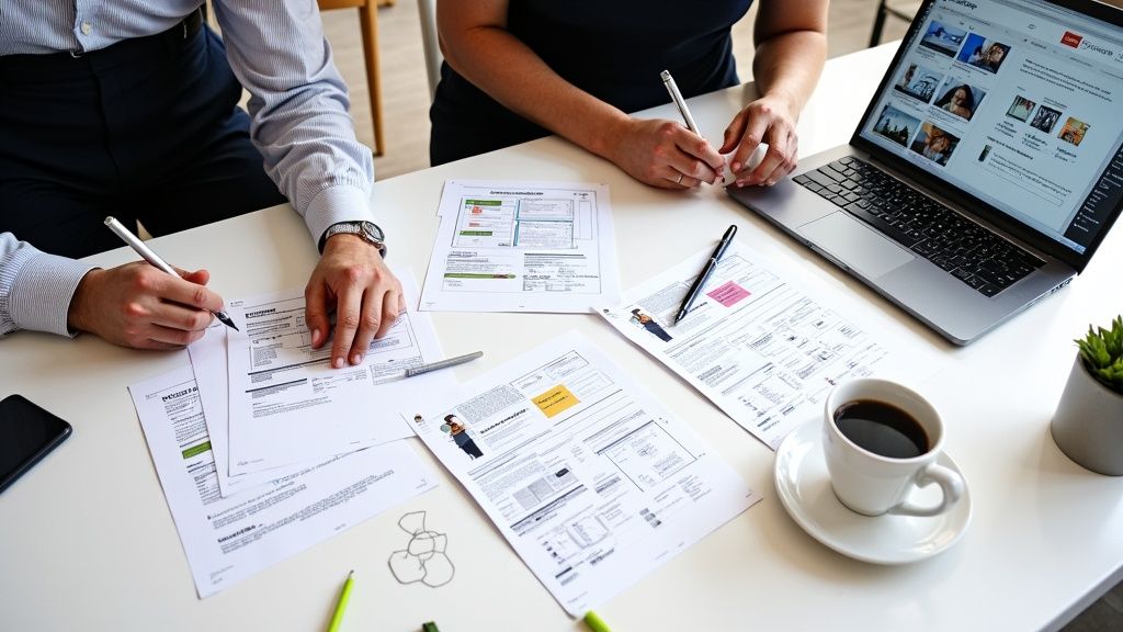 A person using a magnifying glass to inspect a digital interface showing charts and graphs.