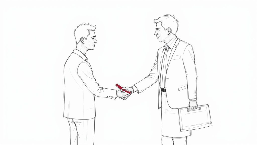 A sales representative on a headset, smiling and looking at a computer screen, representing modern cold calling.