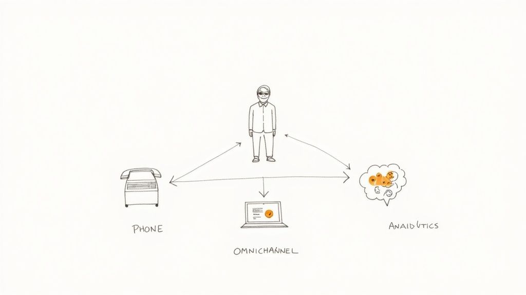 Diagram showing a person connecting to phone, omnichannel laptop, and analytics, illustrating customer service interactions.