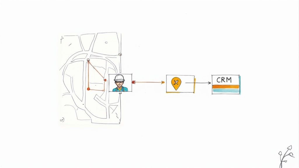 Diagram illustrating a field worker's location on a map flowing into a CRM system.