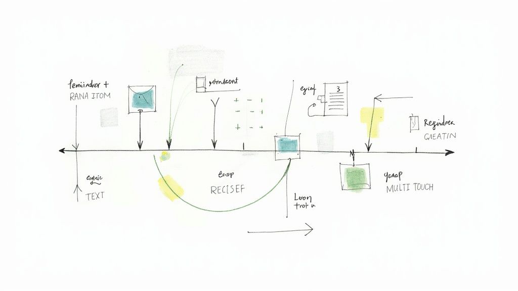 An A/B testing diagram showing two different versions of an app or webpage being compared, with metrics like conversion rate and engagement displayed on a dashboard in the background.