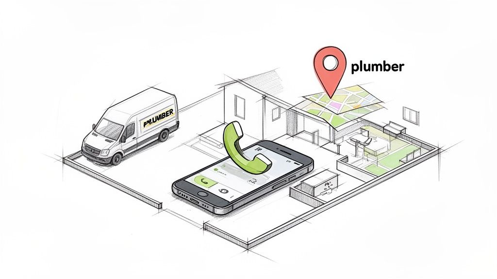Plumber's van and smartphone, indicating a call for plumbing services to a house location.