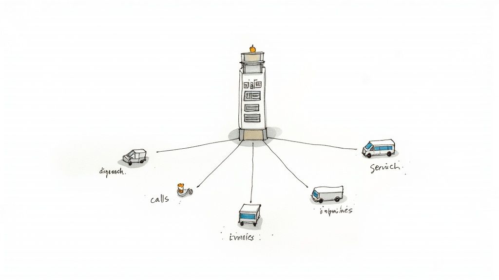 Lighthouse tower distributing connections to dispatch, calls, service, inquiries, and tunnels vehicles below