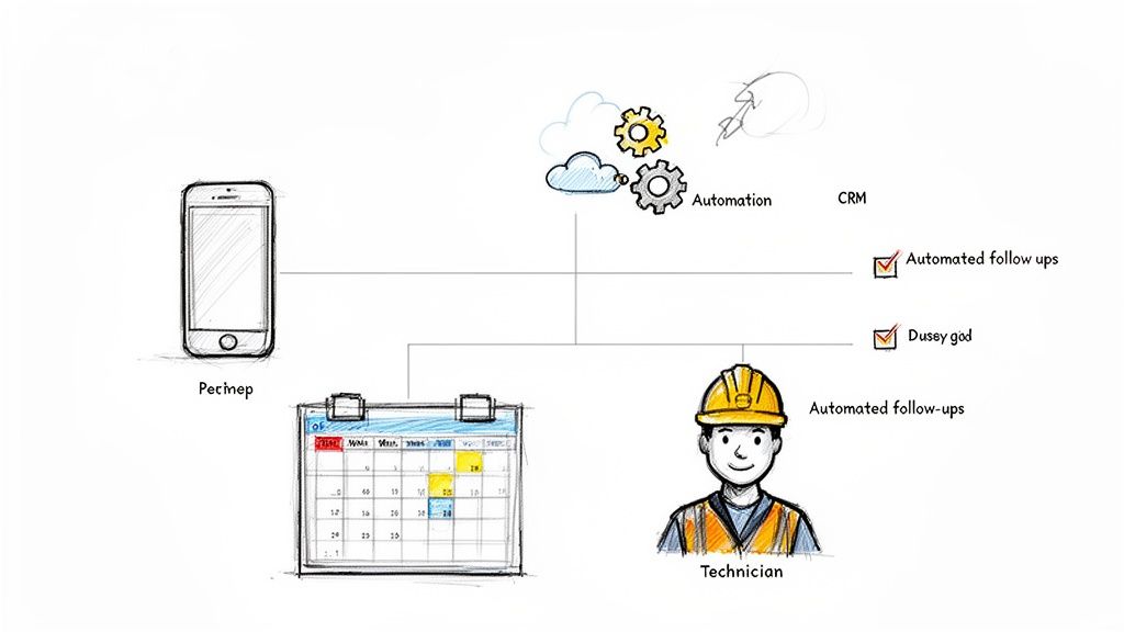 Diagram showing a sales productivity workflow: receiver, calendar, technician, automation, CRM, and automated follow-ups.