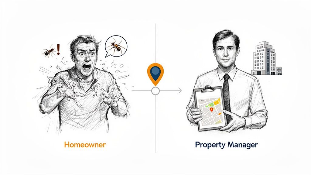 A homeowner panics over ants, contrasted with a calm property manager offering a solution.