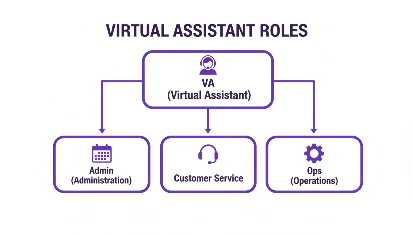 A diagram illustrating the hierarchy of virtual assistant roles: Administration, Customer Service, and Operations.